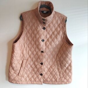 Lands' End Tan and Cream Houndstooth Mock Neck Quilted Vest